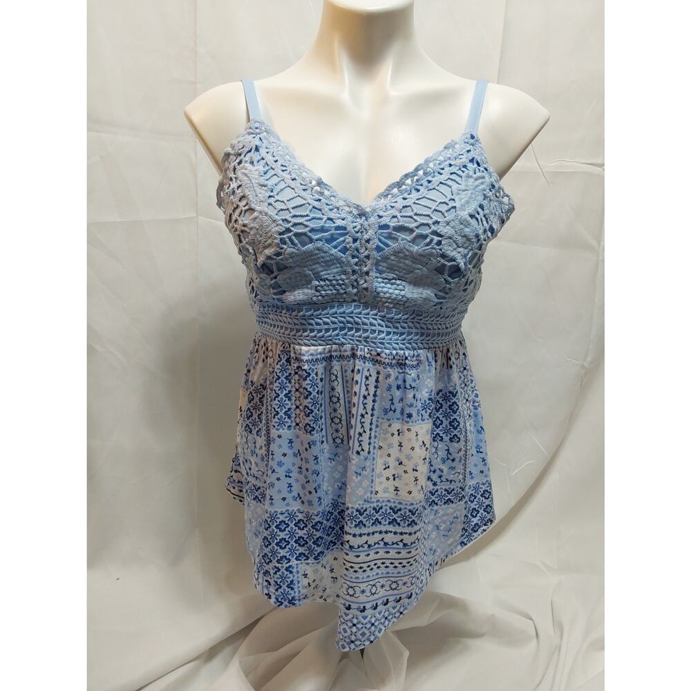 NOBO Juniors Medium (7-9) Blue Floral Crochet Hanky Hem Babydoll Top #L103